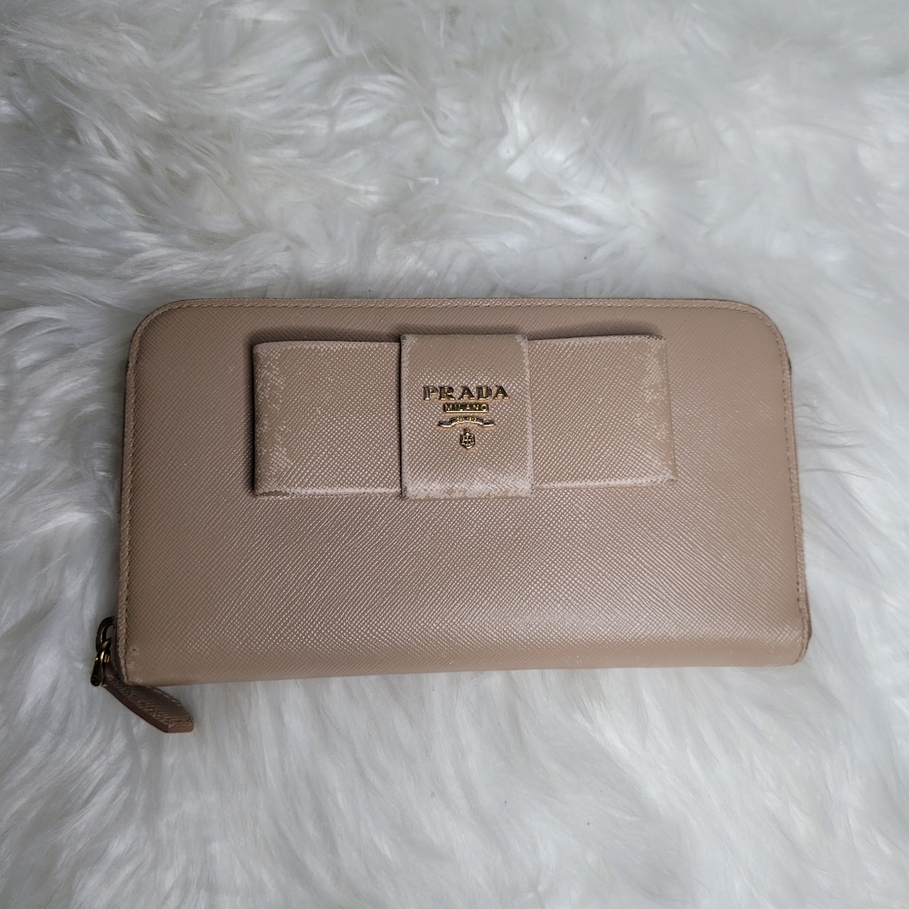 Prada Saffiano Leather Bow Zip Around Wallet